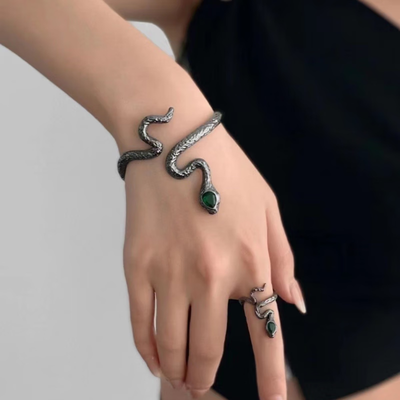 诗筠(SHIJUN)时尚灵蛇手镯蛇形小众设计个性简约镯子开口中式复古冷淡风手饰 枪黑色