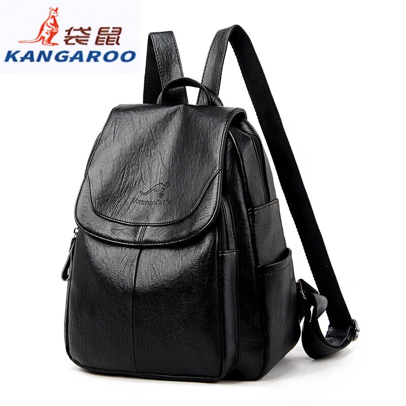 袋鼠（KANGAROO）双肩包女2025新款大容量真皮妈咪包时尚韩版百搭软皮旅行女士背包 黑色