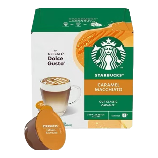 星巴克（Starbucks）多趣酷思膠囊咖啡Dolce Gusto意式黑咖啡拿鐵卡布奇諾美式12粒裝 焦糖瑪奇朵127.8g/盒 26.3月