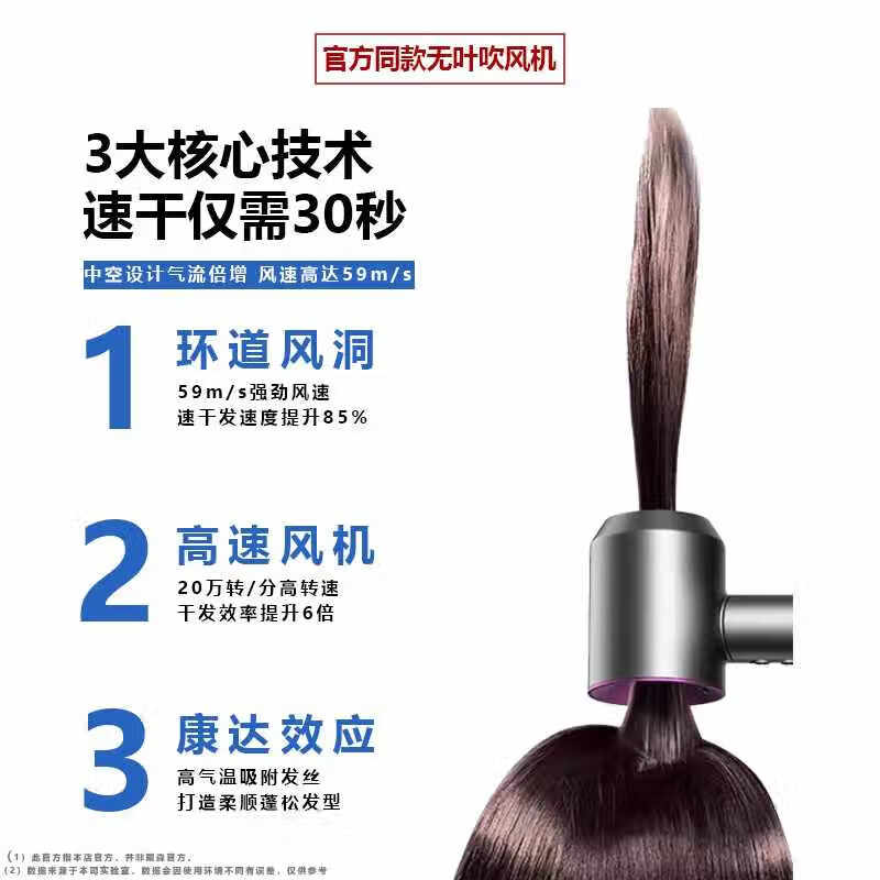 德国品质【90亿水润负离子护发|国家3C认证】高速无叶吹风机家用静音负离子大功发电吹风速干送礼 陶瓷金-单风嘴-90亿智能水润护发 【2026款顶配1:1】极速发货