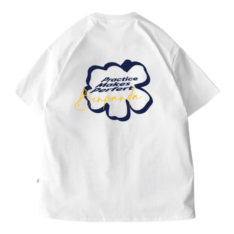 熊貓·本2025年夏季新款印花T恤男日常百搭基礎(chǔ)休閑圓領(lǐng)學(xué)生情侶短袖 四葉草白色 索羅娜面料 L