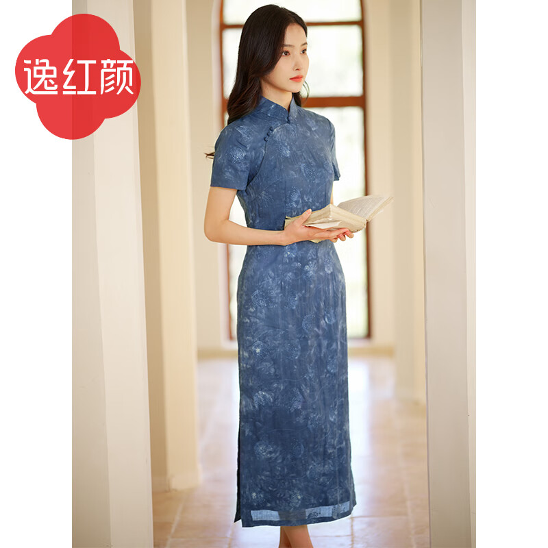 逸红颜箐黛2023旗袍改良版连衣裙女短袖扎染刺绣木棉花真丝棉旗 