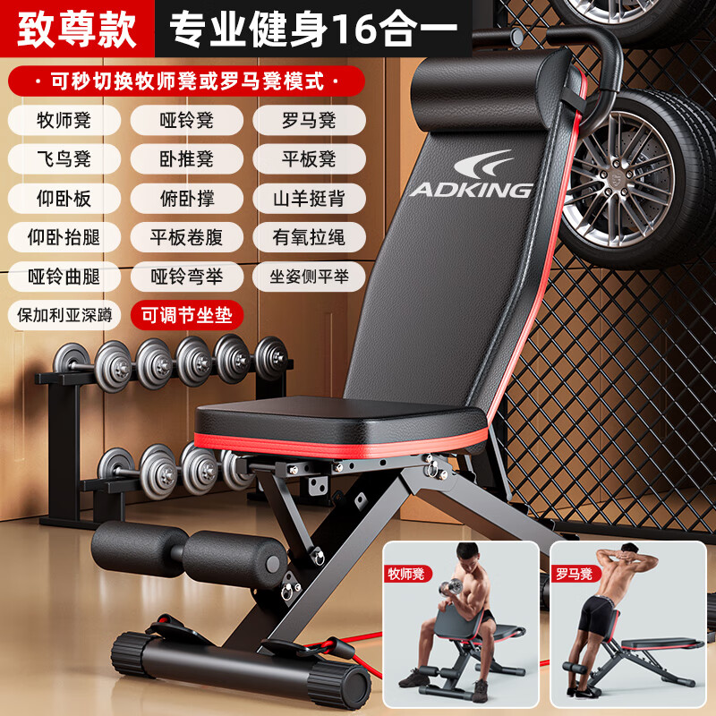ADKING哑铃凳卧推男士仰卧起坐辅助器家用健身椅多功能运动器材专业椅子 致尊16合1/变牧师凳+枕+把手+绳