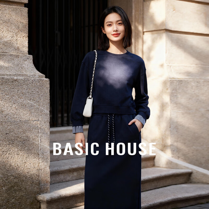Basic House/百家好秋季休闲套装假两件拼接卫衣半身长裙子两件套 牛仔蓝 L B0624E5V522-KA