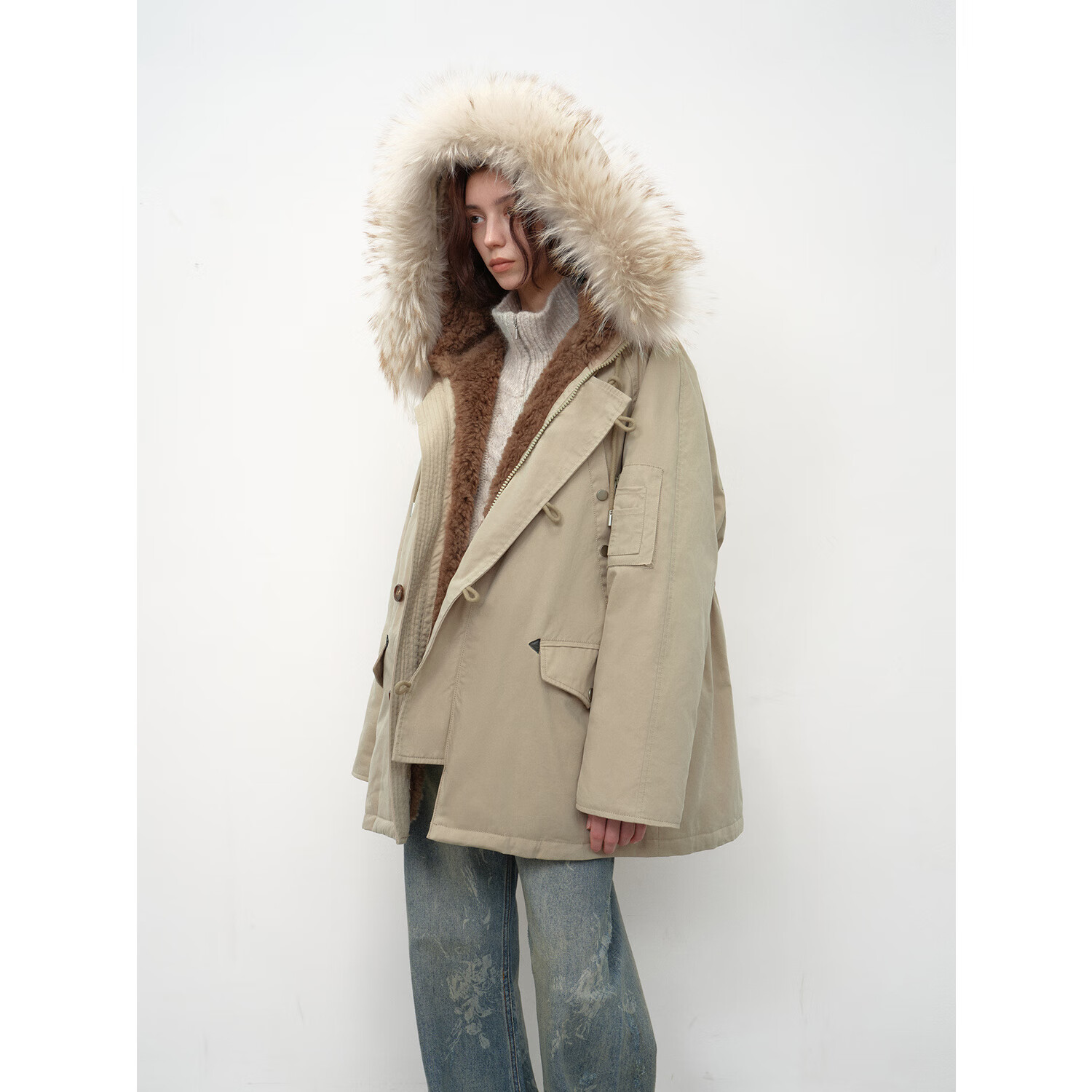 付智恩[精英衣橱】 沿海公路二代 简约时髦御寒工装风羽绒派克服女 浅卡其-中长款 XS