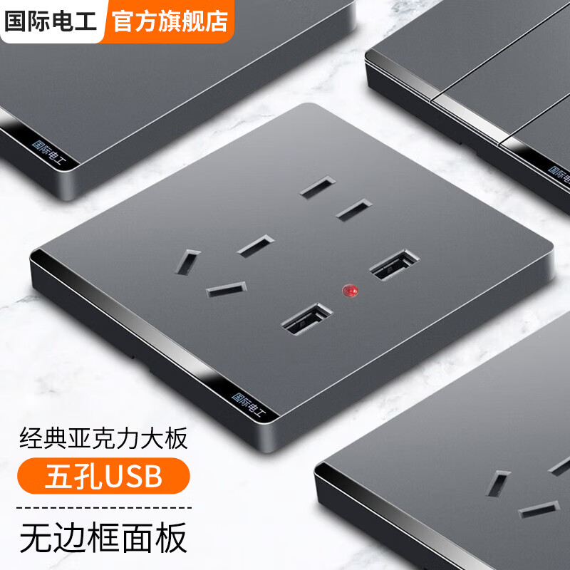国际电工开关插座面板家用墙壁暗装双控五孔带开关USB电源5孔插座 五孔双USB