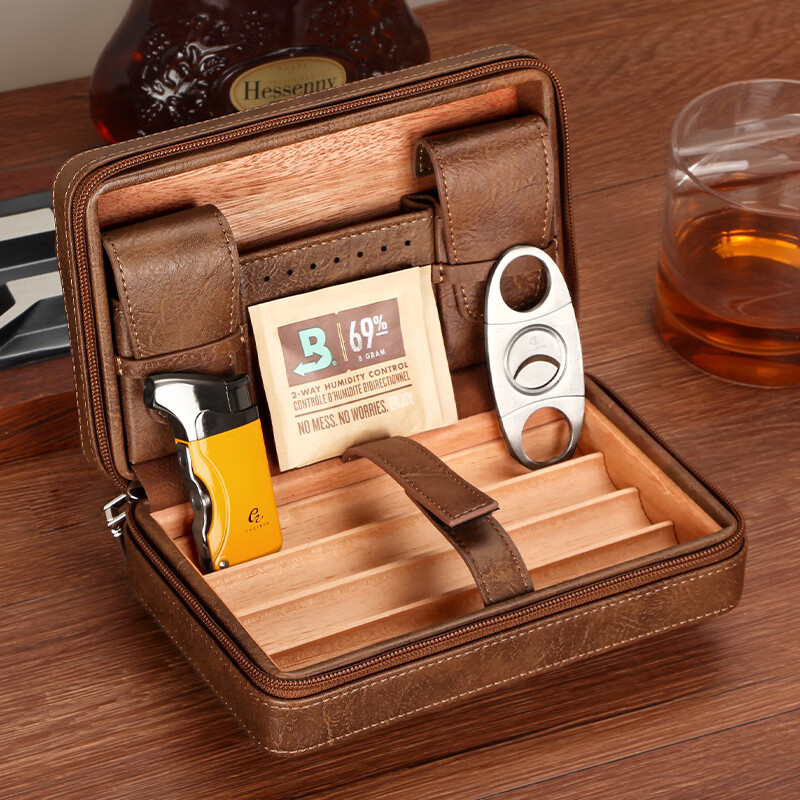 GALINER雪茄保湿盒便携式雪松木古巴雪茄盒便携式工具雪茄剪打火机套装 棕色-入门套装