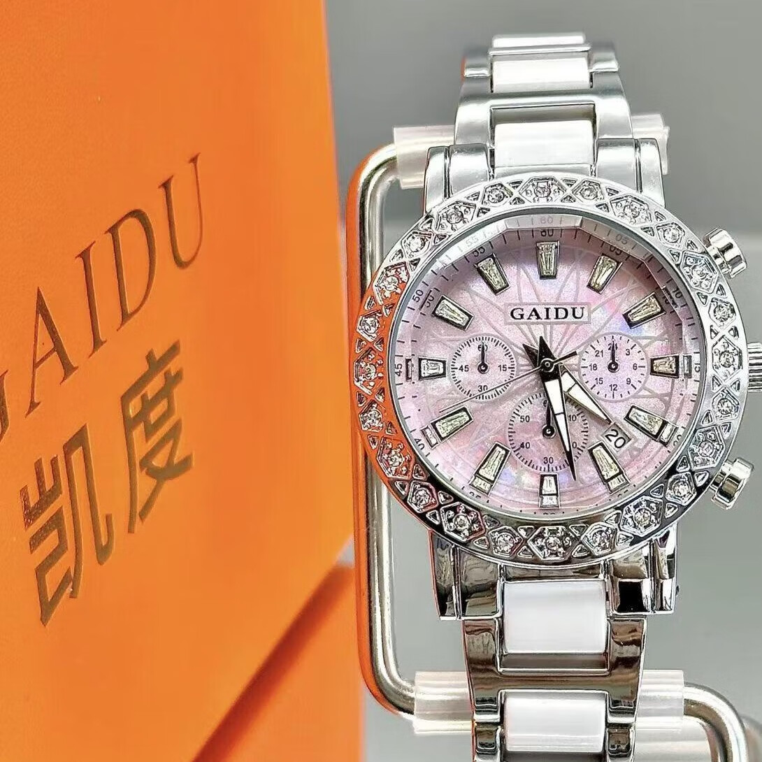 凯度（GAIDU）轻奢小众手表正品名牌时尚机械风镶钻陶瓷大表盘女士石英表礼物 陶瓷粉（送高档礼盒套装）
