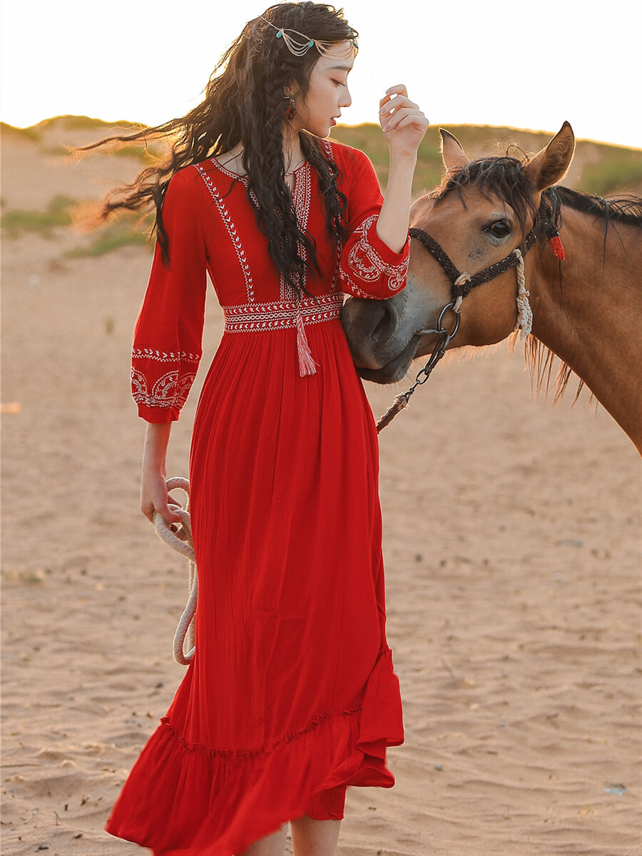 京霆新疆旅游穿搭裙子连衣裙红色连衣裙女长袖新疆旅游穿搭沙漠长裙 s