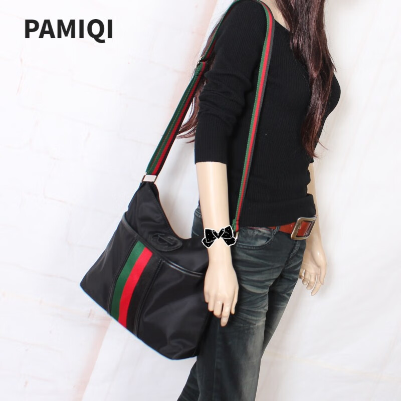 帕米琪（PAMIQI）春夏七夕韩版休闲女包牛津布配真皮彩条时尚尼龙旅行包单肩斜挎包 黑色配真皮
