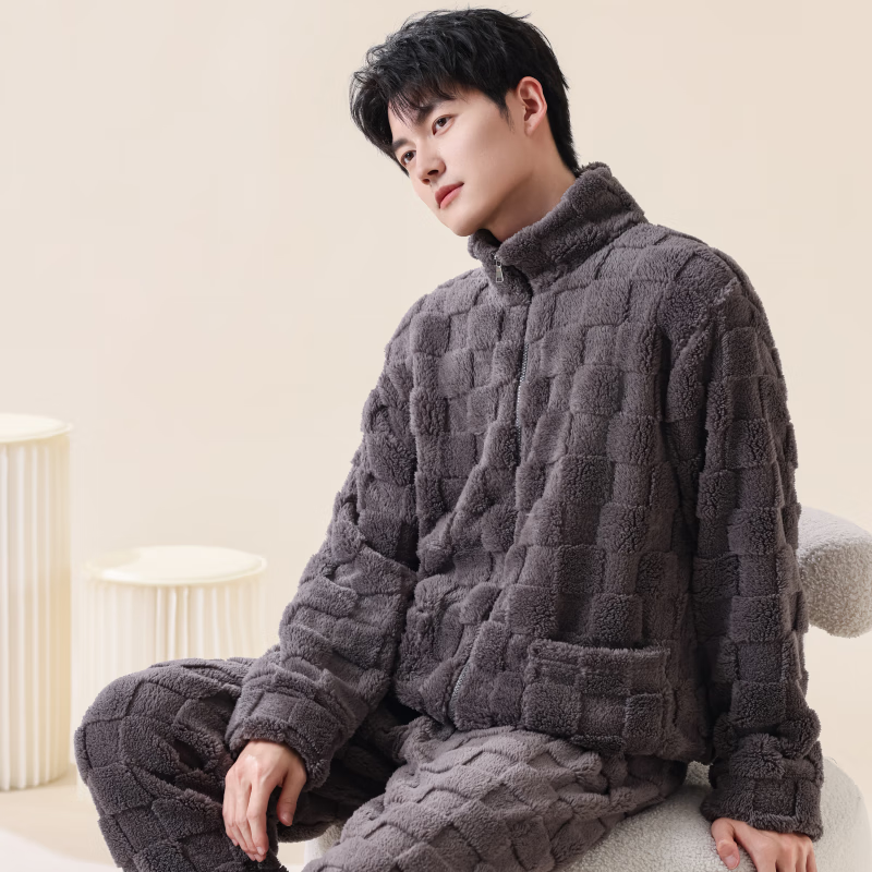 雪中飞睡衣冬季男2025年新款拉链加绒加厚珊瑚绒可外穿大码家居服套装 NSCJF-深灰方格拉链 L 【建议110-130斤】