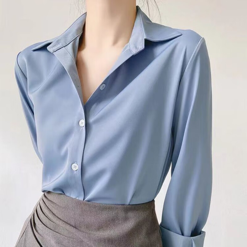 雷黛茜感绿色缎面职业衬衫女通勤衬衣设计感小众上衣百搭春秋款新款 6038# 浅灰绿 S