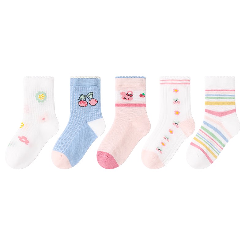 斑比儿童袜子女孩夏天薄款精梳棉中大童春秋季透气网眼袜子 BB2402 春夏款儿童网眼袜 5双 5-8岁 建议脚码27-32码【18-20】