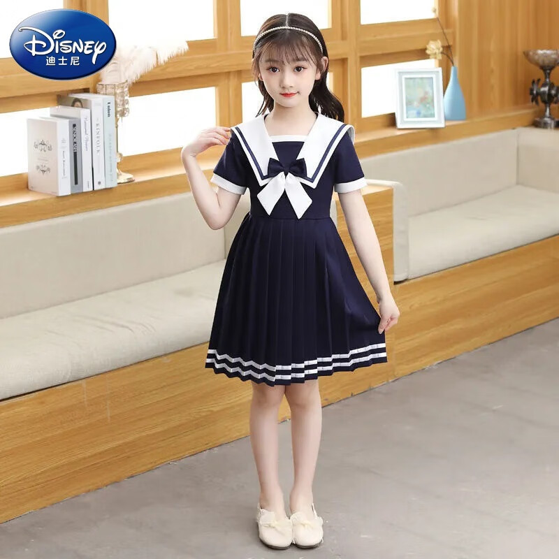 迪士尼（Disney）女童海軍風(fēng)連衣裙夏季2025新款女大童洋氣公主裙長裙超仙兒童裙子 藏青色 110 cm