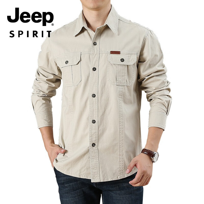 吉普(JEEP)男士休闲宽松长袖衬衫25春秋新款大码棉纯色中青年衬衣 1388军绿色 175/L