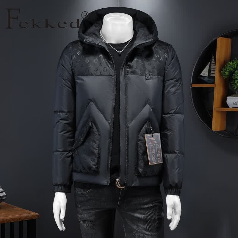 Fekked香港潮牌2024秋冬装新款男士连帽拼接外套大码品质休闲保暖羽绒服 黑色 M