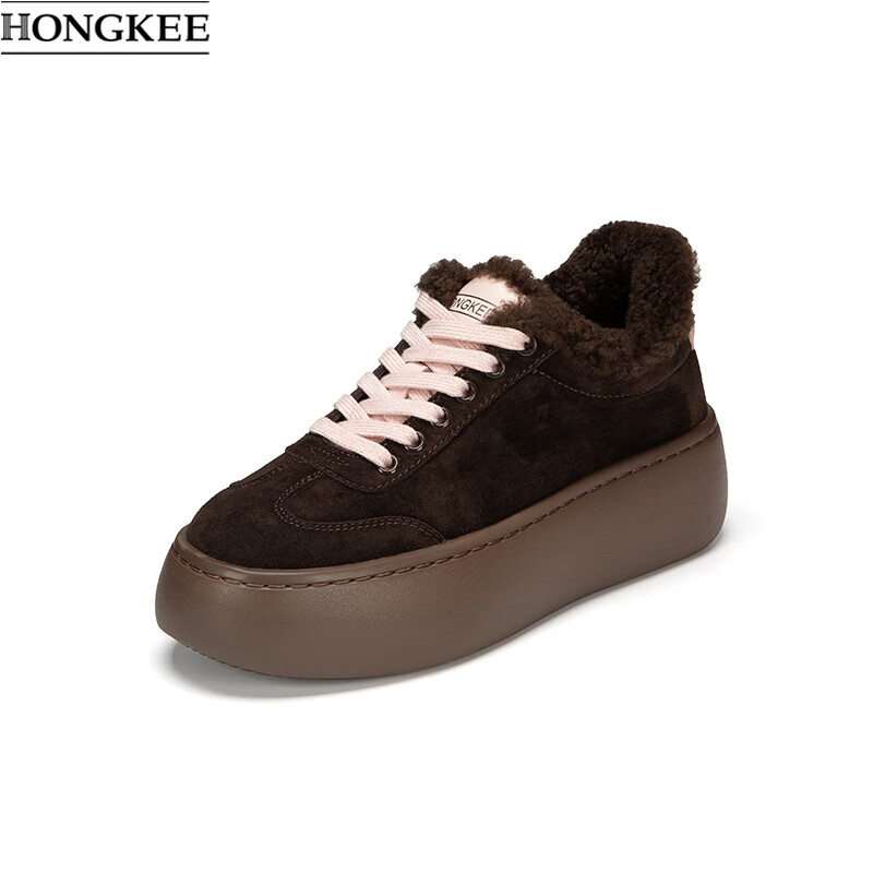 女鞋2025新款毛绒保暖冬季厚底系带休闲鞋h555x301 咖啡