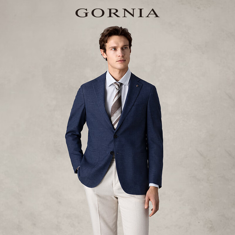 格罗尼雅（GORNIA）男士舒适羊毛面料单西服商务休闲亚麻西装外套GBS19110261 蓝色 175/96B
