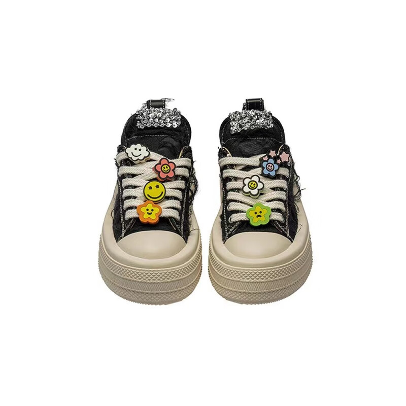 foreshadow 赵露思同款帆布鞋笑脸挂饰百搭厚底休闲板鞋花 黑色 35