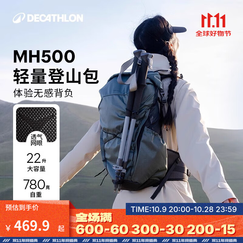 迪卡侬双肩背包MH500轻量化旅行徒步登山背负系统大容量城市轻户外 冰川灰 22L