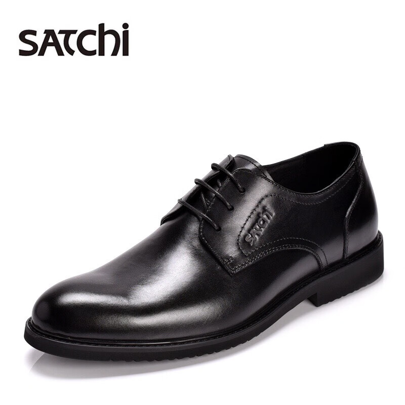 沙驰(satchi)男鞋春秋新款头层牛皮圆头英伦风商务正装皮鞋系带德比鞋