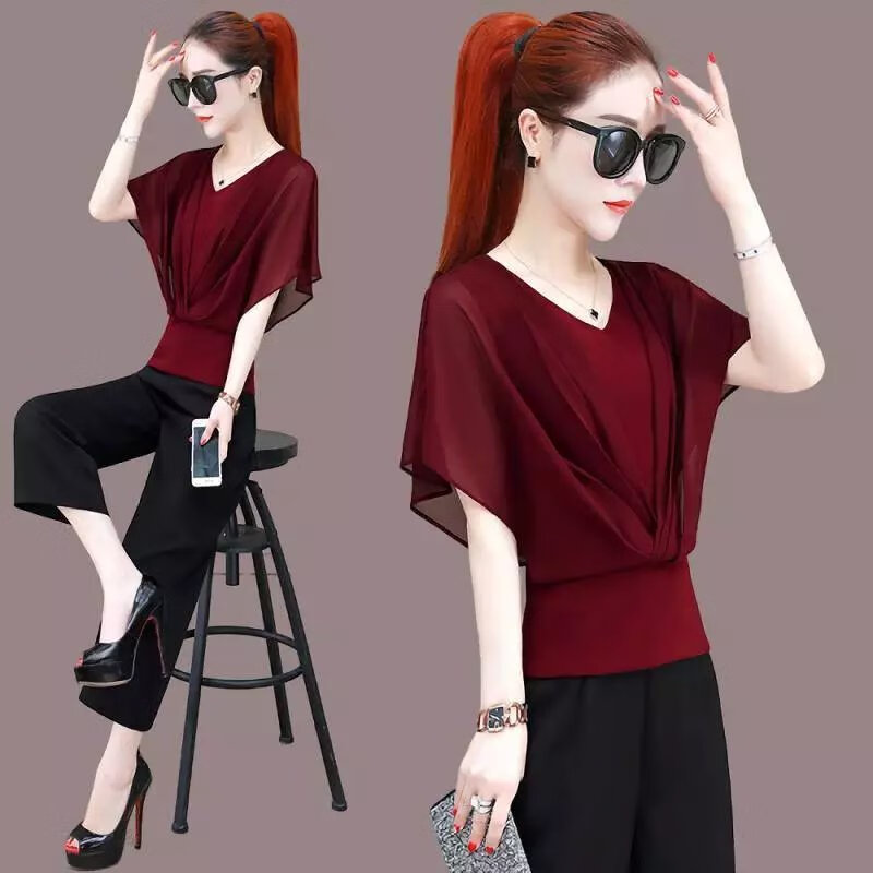 袖上衣雪纺女士t恤短袖夏季新款薄款收腰遮肚新款洋气上衣女 酒红色