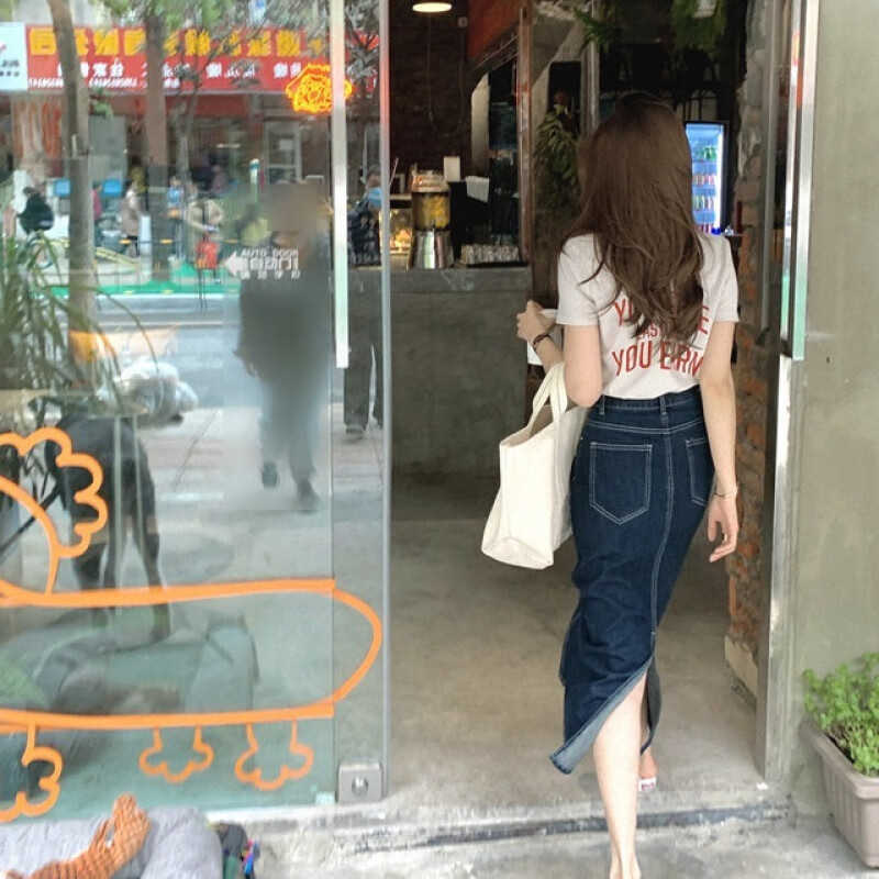 雷黛茜深蓝色牛仔半身裙女春秋大码显瘦包臀裙梨形身材胖mm开叉a字长裙 主图款 M