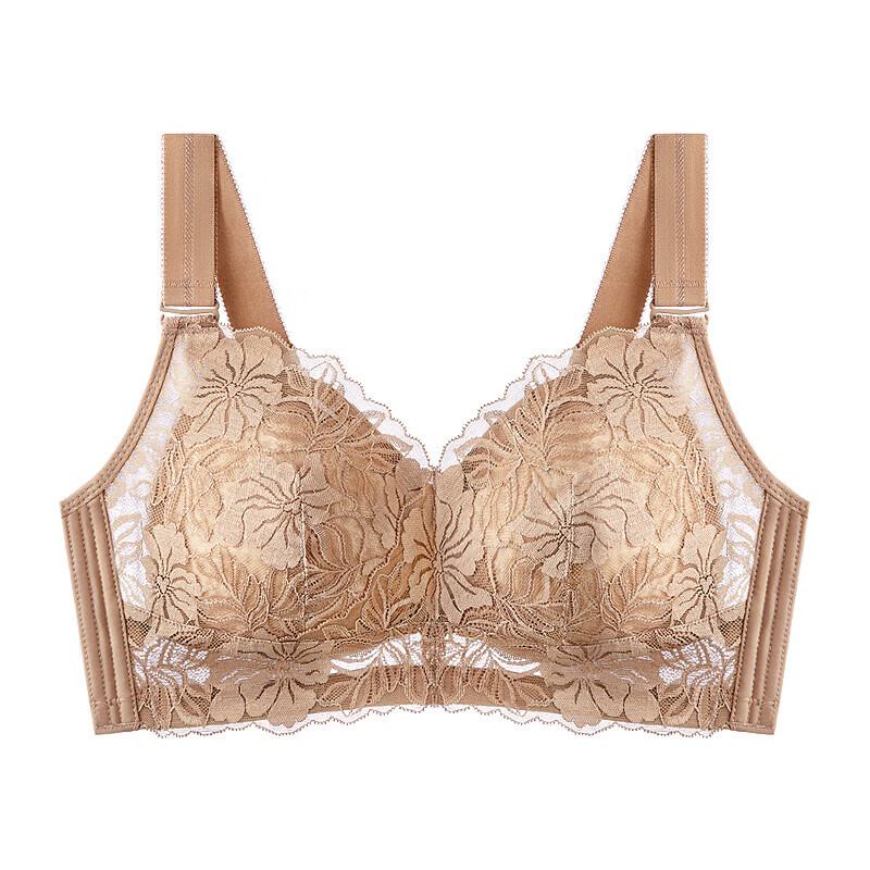 千奈美大胸显小内衣薄款无钢圈防下垂大码全罩杯收副乳调整型文胸 棕茶色 80F