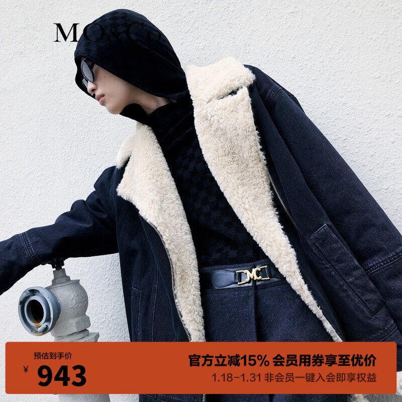 MO&Co.冬季绒毛内里翻领宽松机车牛仔夹克外套MBB4JKTT06 牛仔黑色 S/160