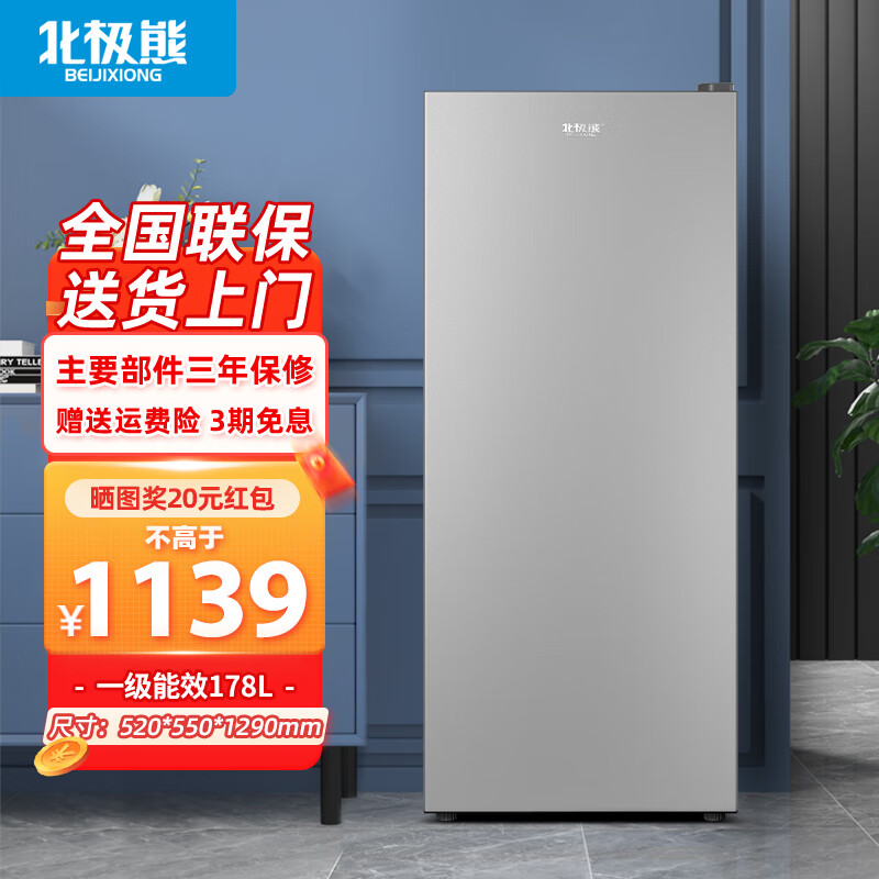 北极熊(BEIJIXIONG)立式冰柜小冰柜家用小型冷冻迷你速冻商用抽屉式冷柜储母乳柜节能省电冰箱 178升银色【一级能效 全国联保】 178L