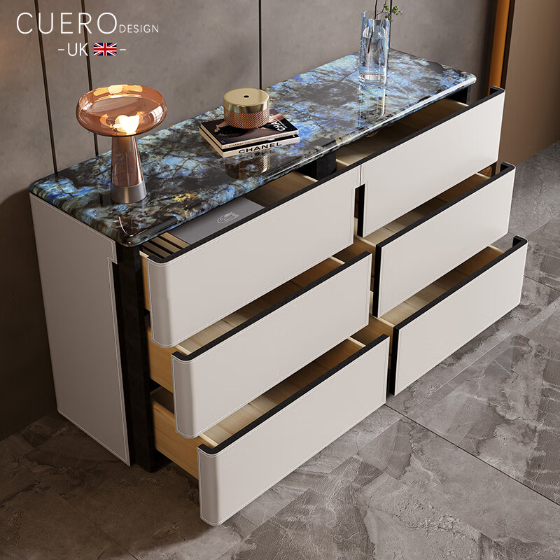 CUERO DESIGN轻奢大理石马鞍皮餐边柜家用靠墙储物斗柜卧室床尾高款电视柜边柜 （80x40x80cm）六斗柜【奶咖色+超晶石台面】 【整装发货 免安装】