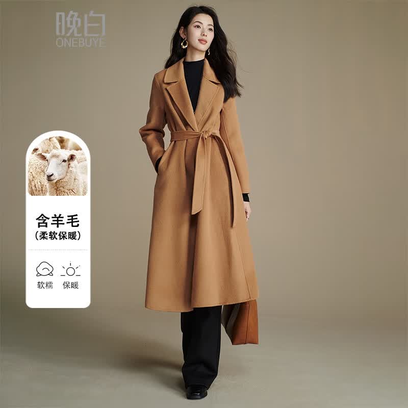 晚白【断码清仓】气质高级感极简风翻领系带双面呢羊毛大衣长外套 卡其色 L
