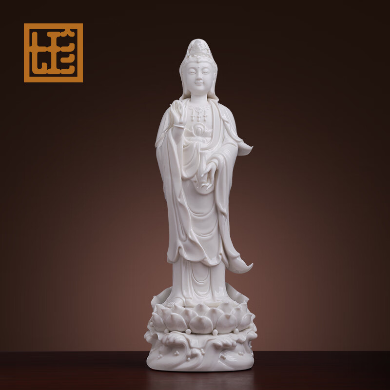 山南海观音菩萨佛像摆件站立像观世音菩萨德化白瓷供奉 16吋渡海观音