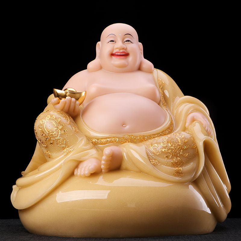 七宝莲 汉白玉弥勒佛像手工彩绘弥勒金镶玉笑佛大肚佛布袋佛 19寸黄玉