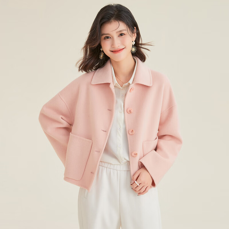 金菊羊毛双面呢春季新款翻领纯色落肩袖减龄保暖短女式大衣外套  樱花粉 M(160/84A)