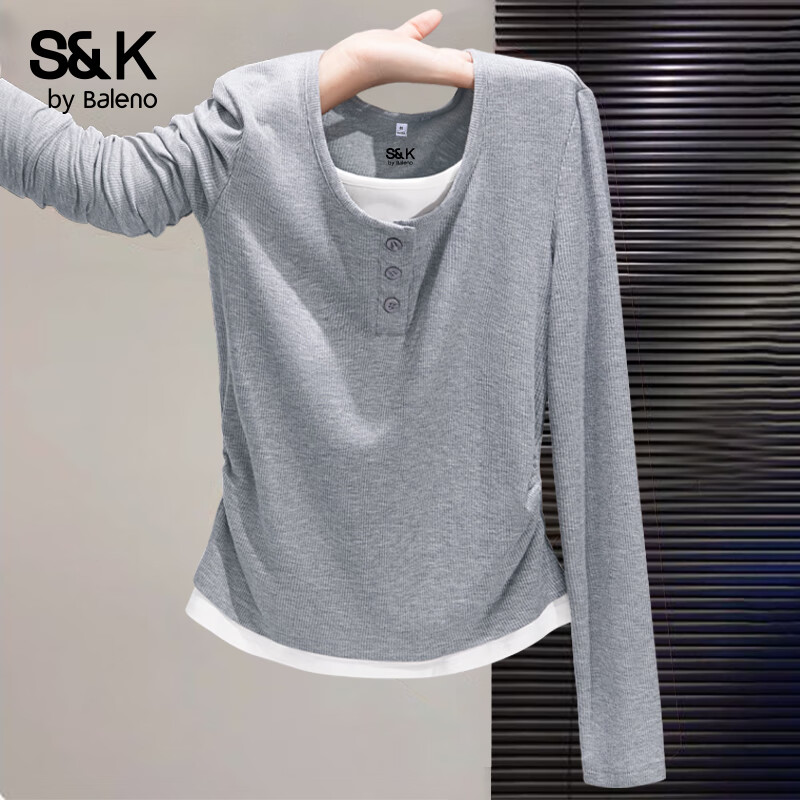 班尼路S&amp;K系列打底衫女装长袖t恤女春夏季新款假两件潮流上衣服修身短袖 麻灰#纯色 【柔软亲肤】 L