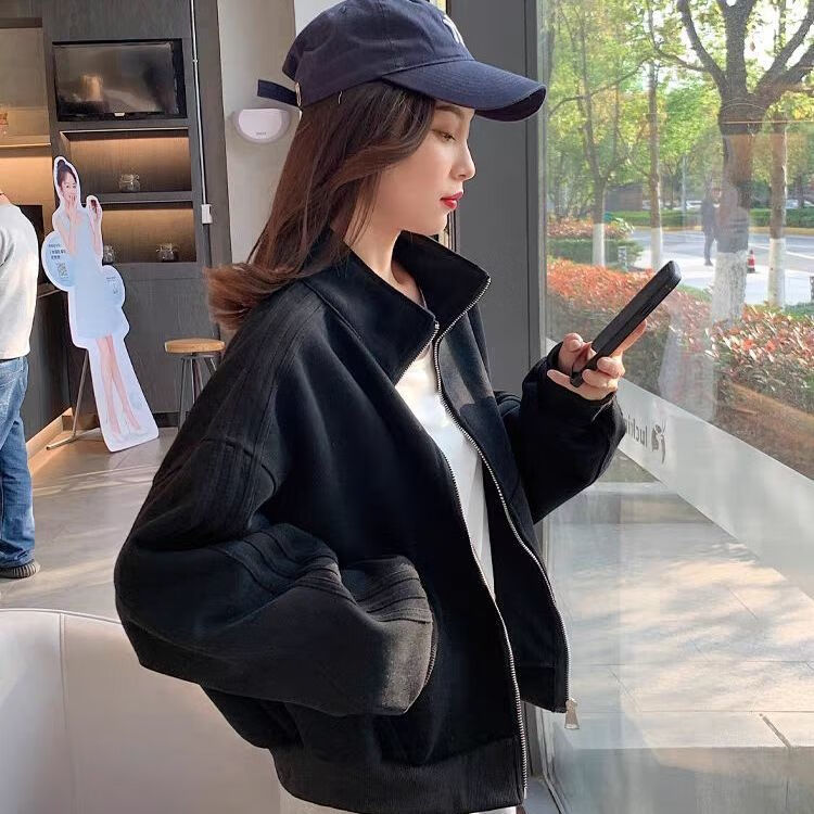 宁墅小香风女美式复古服2023年春季新款服纯色夹克休闲百搭立领高街女