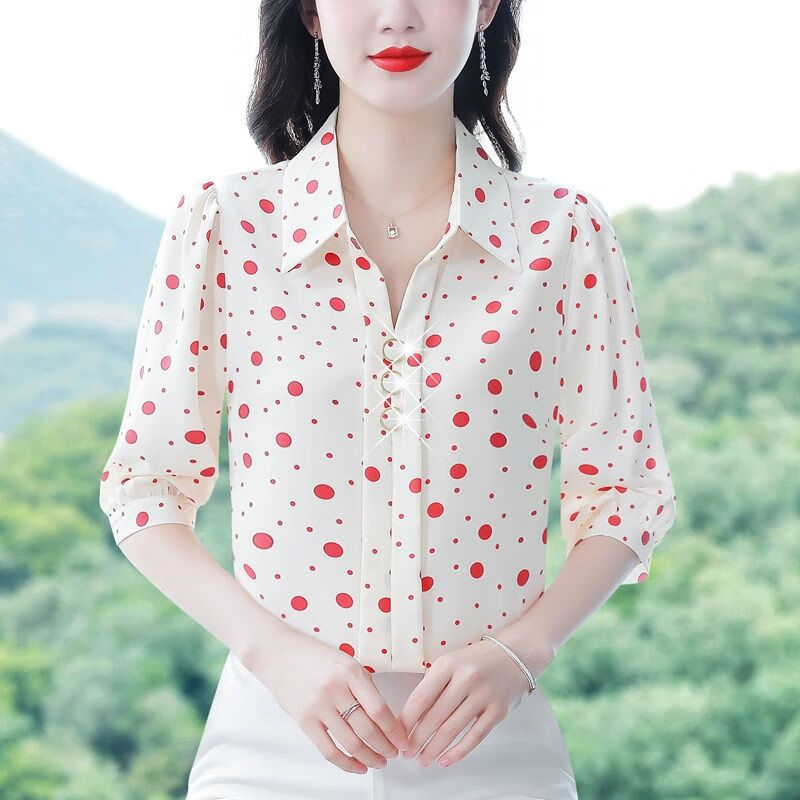 BJORN MOAN女士波点衬衫洋气2025春秋新款七分袖印花衬衣时尚减龄夏季小衫女 黑色 3XL 135-145斤
