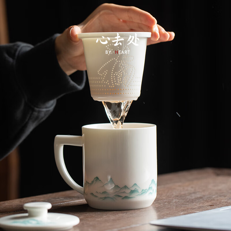 心去處羊脂玉瓷泡茶杯陶瓷茶水分离杯高档办公杯水杯个人大容量喝茶杯子 羊脂玉瓷青川将军杯-简装