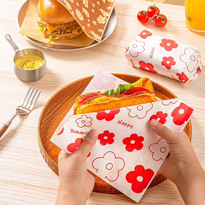防油家用纸垫食品级饭团手抓饼汉堡纸袋 【加厚免折叠】小红花(50只)