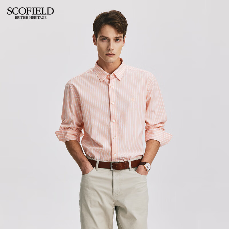 Scofield【有机棉】男装春季25年新款商务休闲时尚条纯棉长袖衬衫 橘色 XL 180