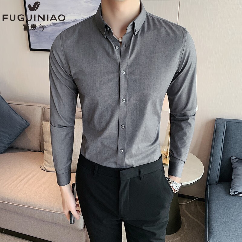富贵鸟春秋季衬衫男士长袖易打理高级感修身痞帅衬衣商务休闲大码衬衫