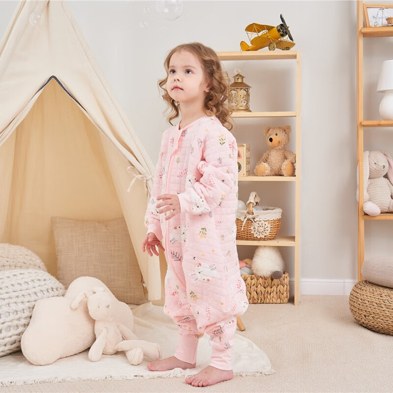 甜蜜礼物春秋冬季棉分腿睡袋婴幼儿童男女宝宝防踢被夹棉款秋冬季新款睡衣 空气层三拉头《18-24度》粉兔子 100码《身高90-100CM》2-4岁