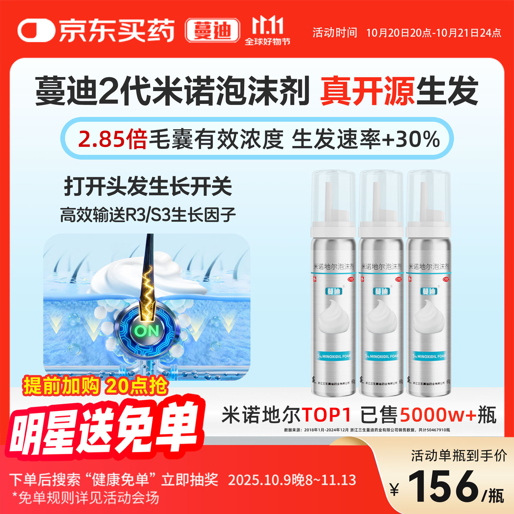 【第二代米诺地尔】蔓迪生发泡沫剂60g*3（倍速生发 温和不起痘）防脱育发增发液5%浓度酊搽剂