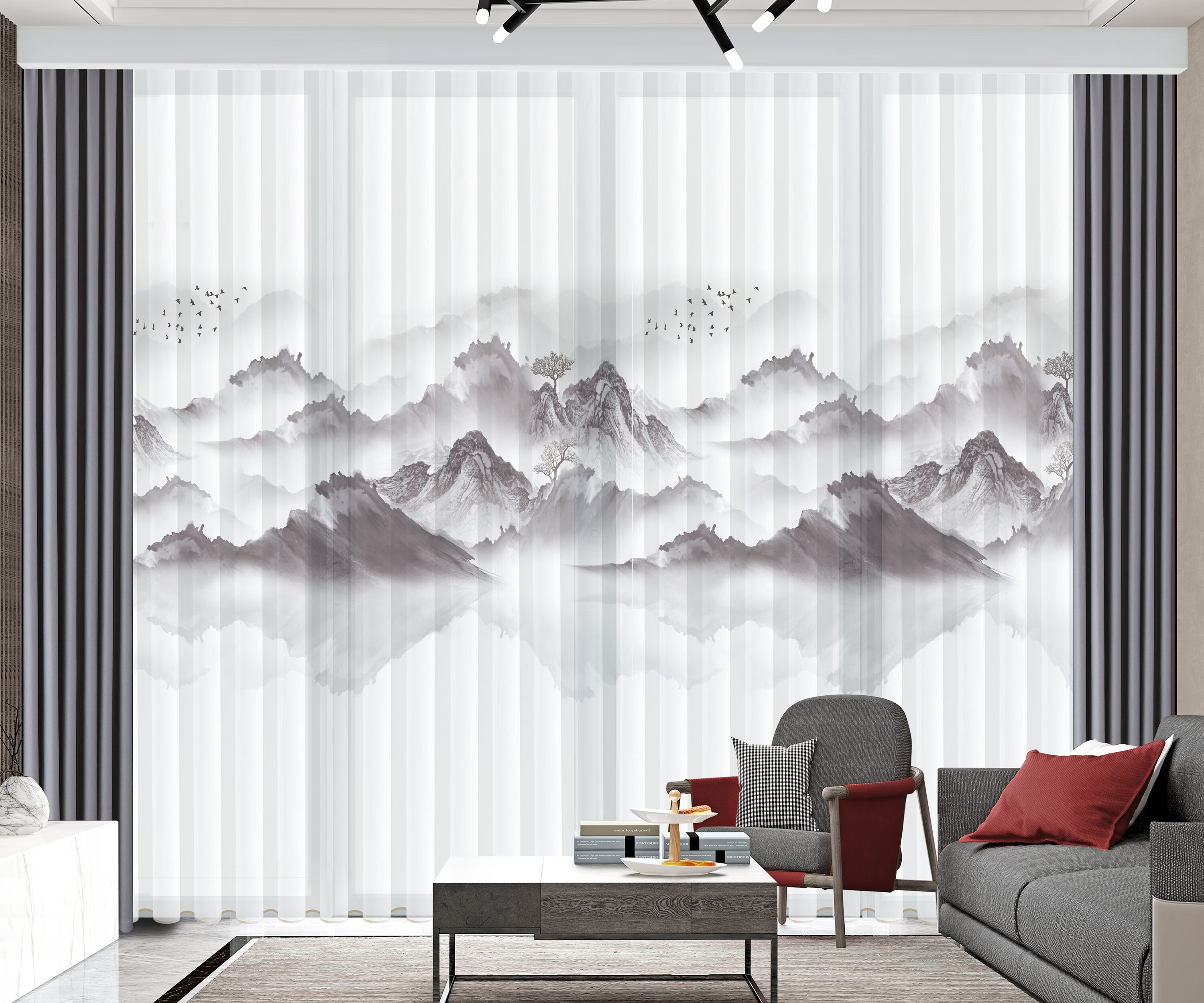 中式印花3d水墨画古风纱帘中国风茶室窗帘窗纱客厅隔 浅灰色 大好河山