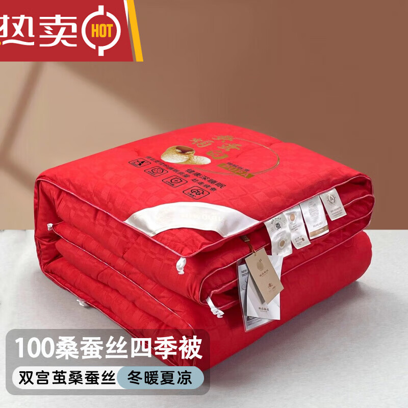 特級(jí)國(guó)標(biāo)蠶絲被100桑蠶絲棉被夏涼被四季通用子母被冬季 華夫格婚慶紅/【超柔親膚#蓄熱保 200*230cm【10斤加厚冬被】