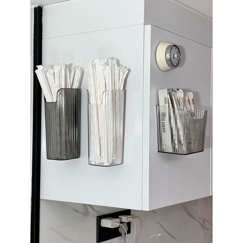 贾思德吸管收纳挂冰箱收纳盒奶茶勺子壁挂便携一次性吸管盒置物架吸管架 圆筒透明 送背胶