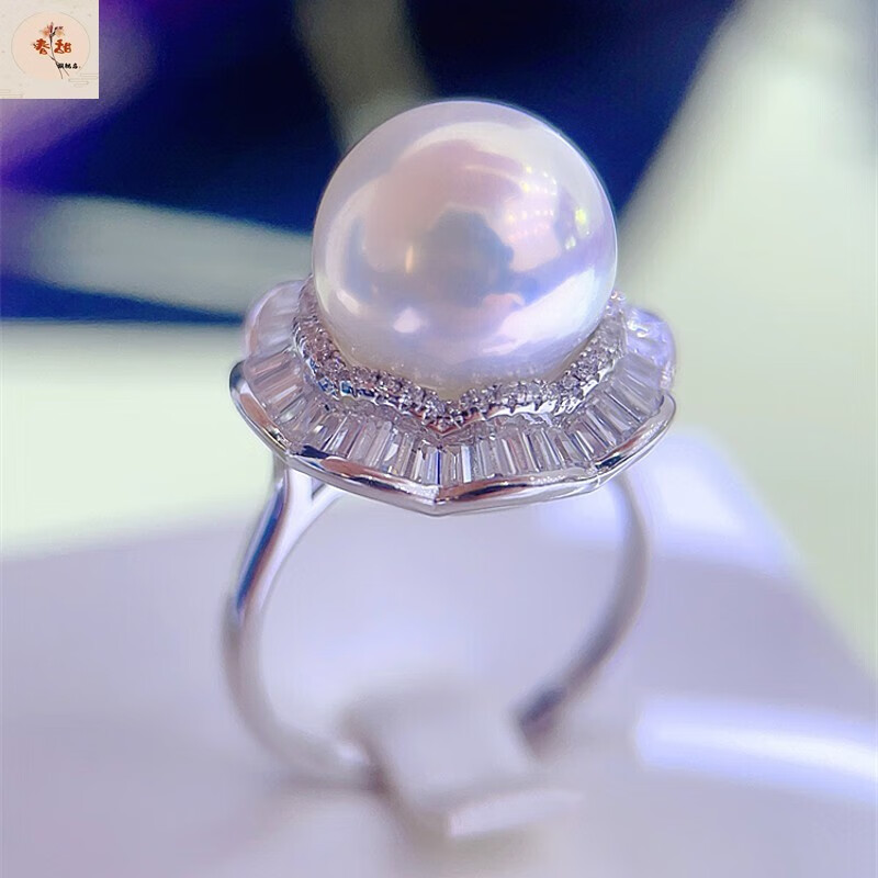 春甜极光大白珍珠戒指正圆感t方钻精镶 花朵925银指环女款 白色 11