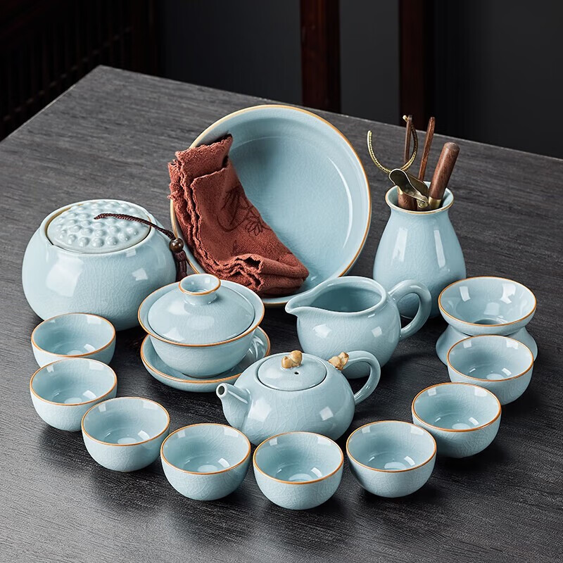 端匠汝窑茶具整套装功夫泡煮陶瓷高壶杯器办公家用道盖碗手工送礼盒档 汝窑商用送礼【豪华套装】 15件