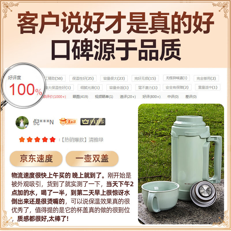 宝威玛(BVGMAV)户外旅行壶保温壶 大容量不锈钢真空运动随行壶 高档暖水壶杯保温 清雅绿-升级款316内胆2L